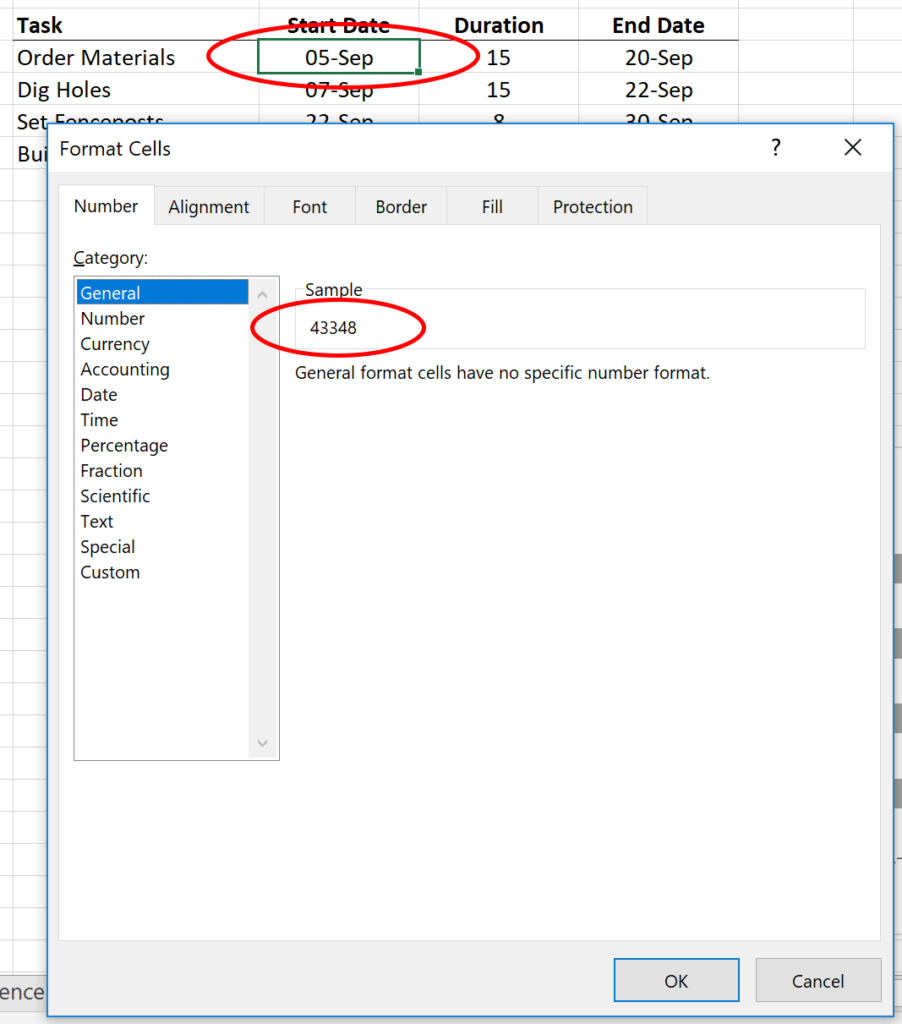 Gantt chart in Excel - find date values