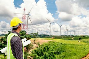 project engineer looking at windmills