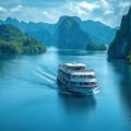 ship navigating through mountains