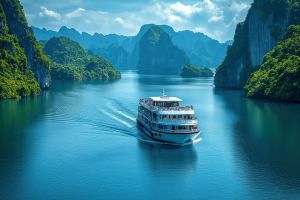 ship navigating through mountains