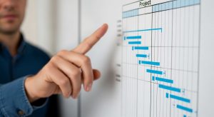 project manager pointing at gantt chart